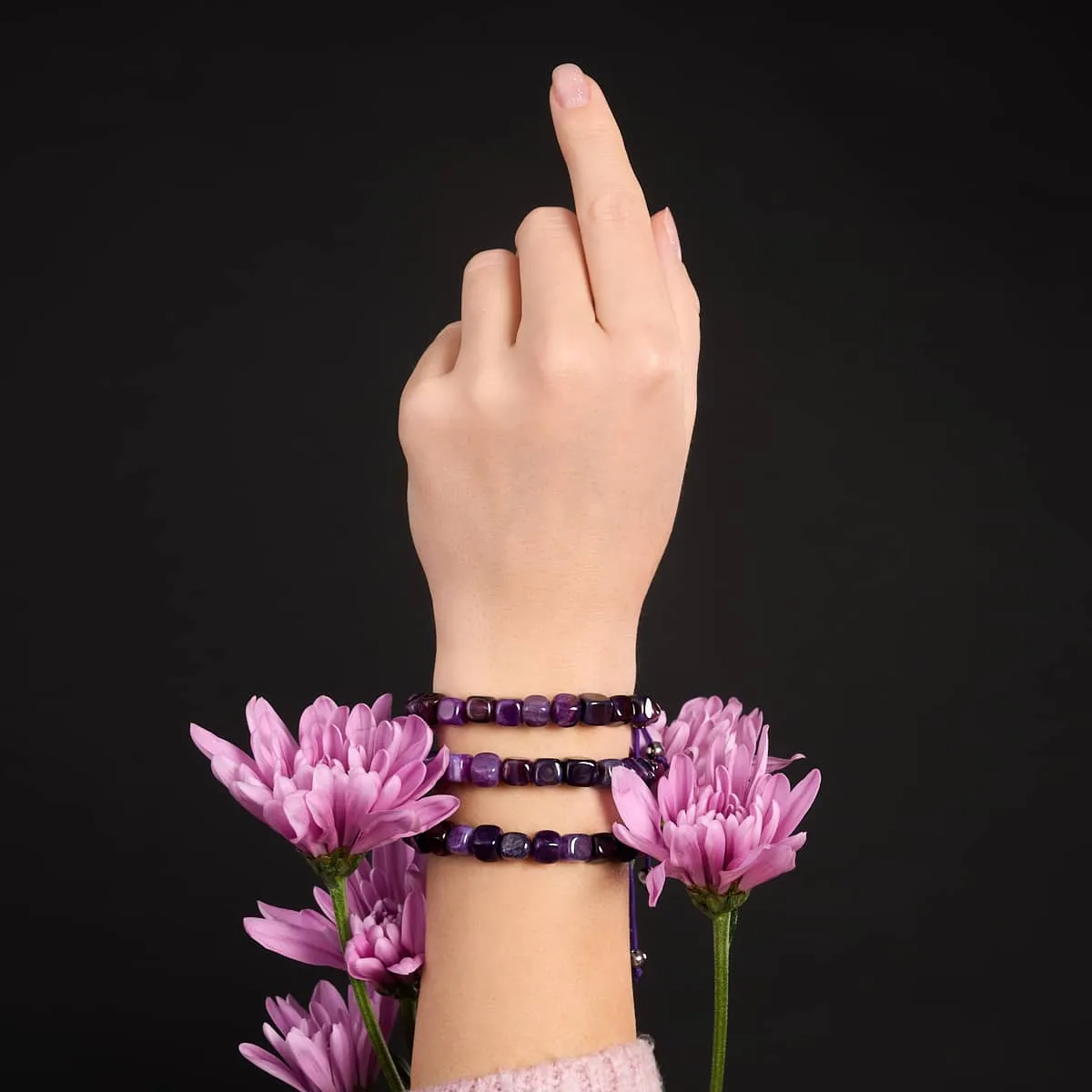 Purple Agate | Silver | Gemstone Pebble Macrame Bracelet
