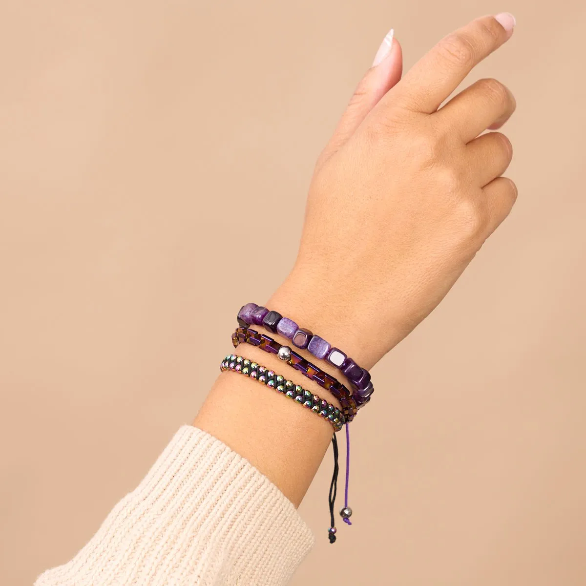 Purple Agate | Silver | Gemstone Pebble Macrame Bracelet