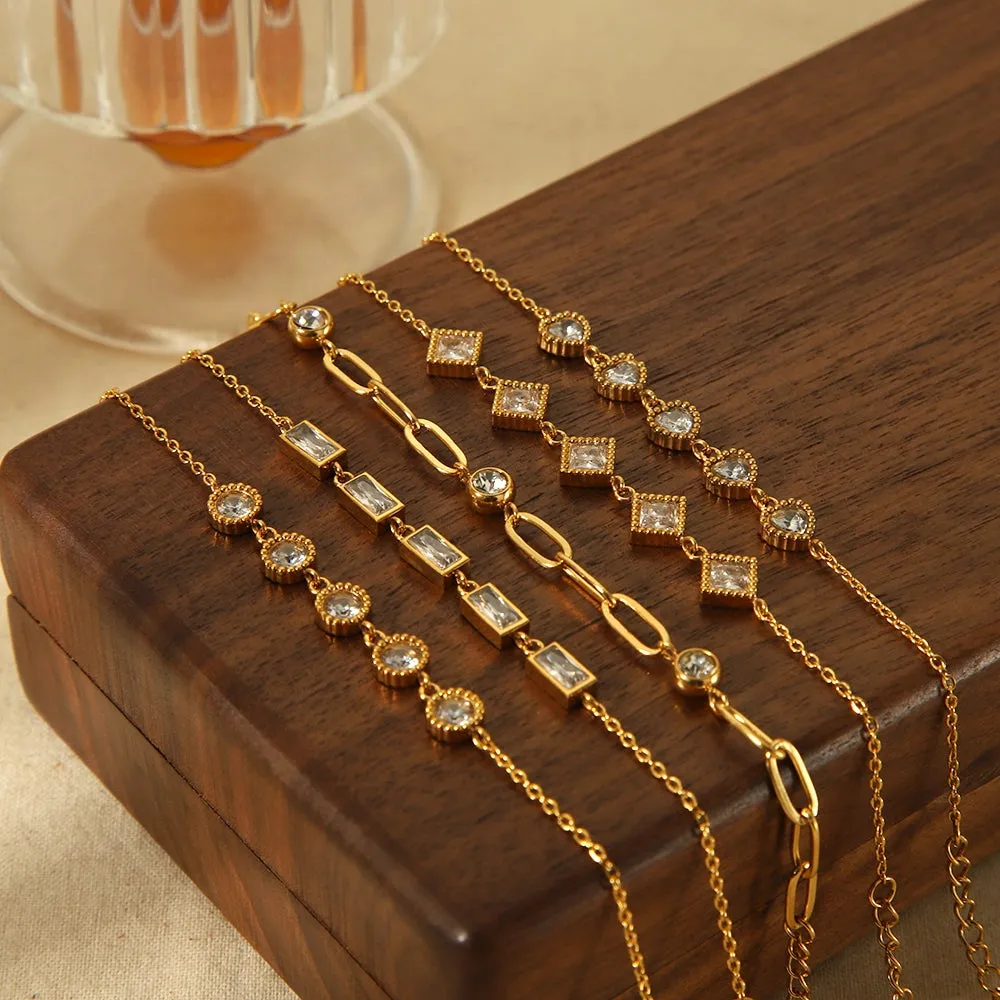 Quadrilateral Round Heart Shape Stainless Steel Polishing Plating Inlay Zircon 18k Gold Plated Bracelets