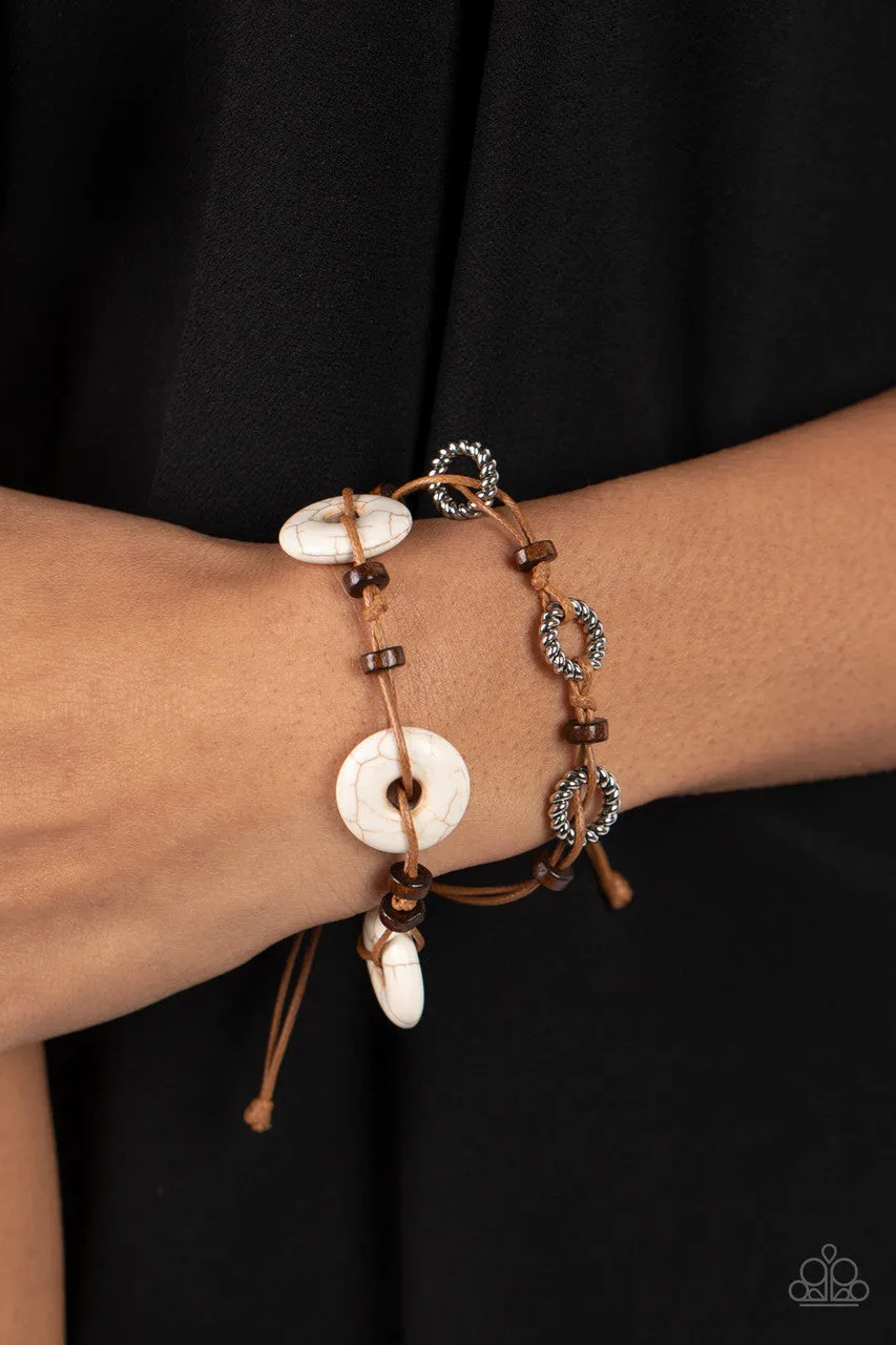 Quarry Quandary - White -  Stone Disc and Brown Cord Paparazzi Pull-Cord Bracelet