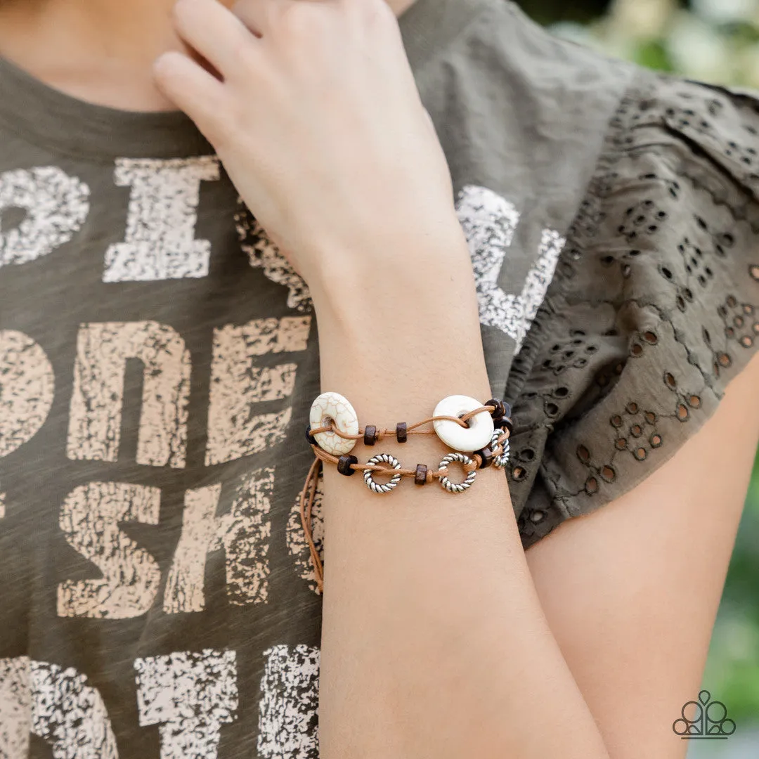 Quarry Quandary - White -  Stone Disc and Brown Cord Paparazzi Pull-Cord Bracelet