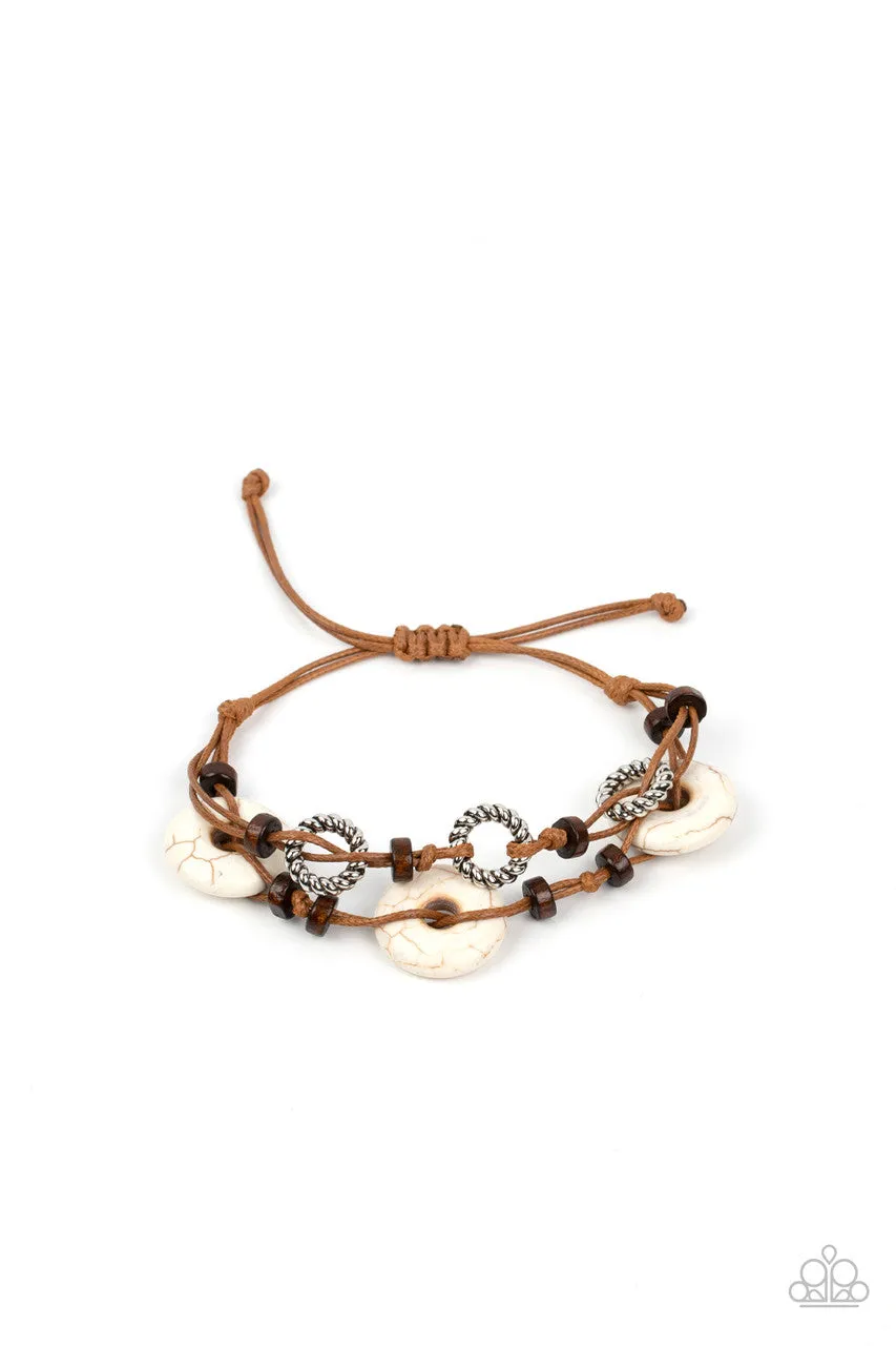 Quarry Quandary - White -  Stone Disc and Brown Cord Paparazzi Pull-Cord Bracelet