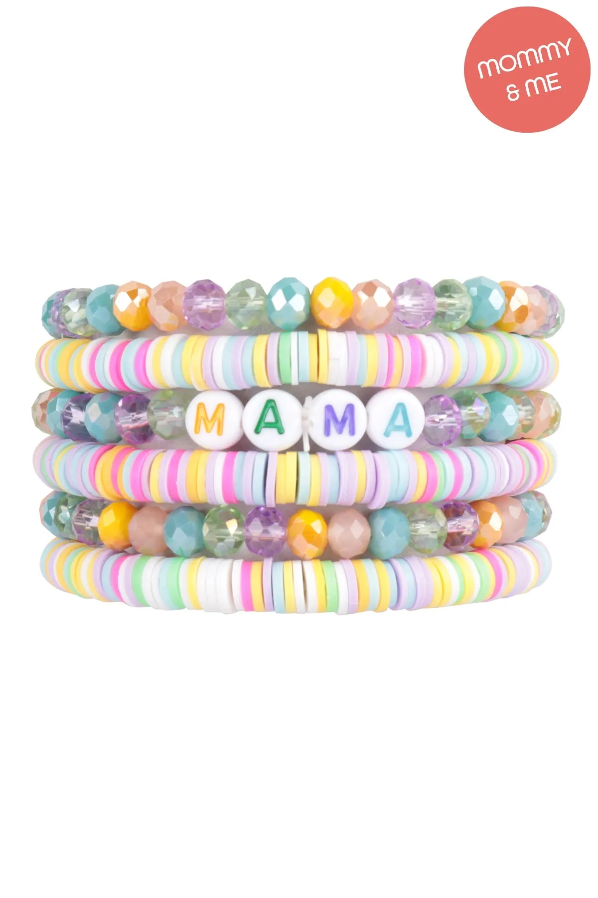 "MAMA" & "ME" FIMO Glass Beads Stackable Stretch Bracelet Set Light Multicolor - Pack of 12
