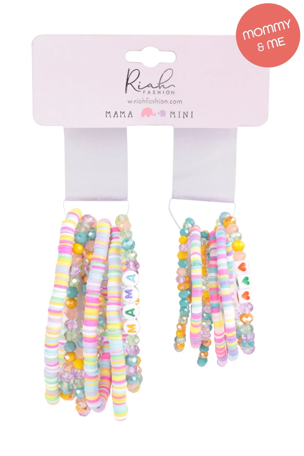 "MAMA" & "ME" FIMO Glass Beads Stackable Stretch Bracelet Set Light Multicolor - Pack of 12