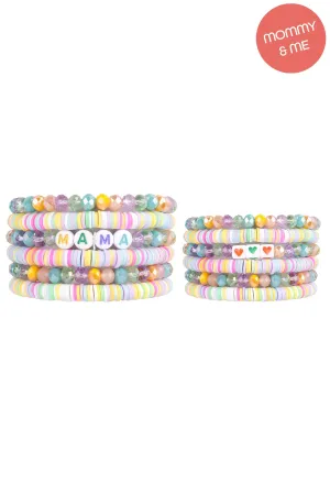 "MAMA" & "ME" FIMO Glass Beads Stackable Stretch Bracelet Set Light Multicolor - Pack of 12