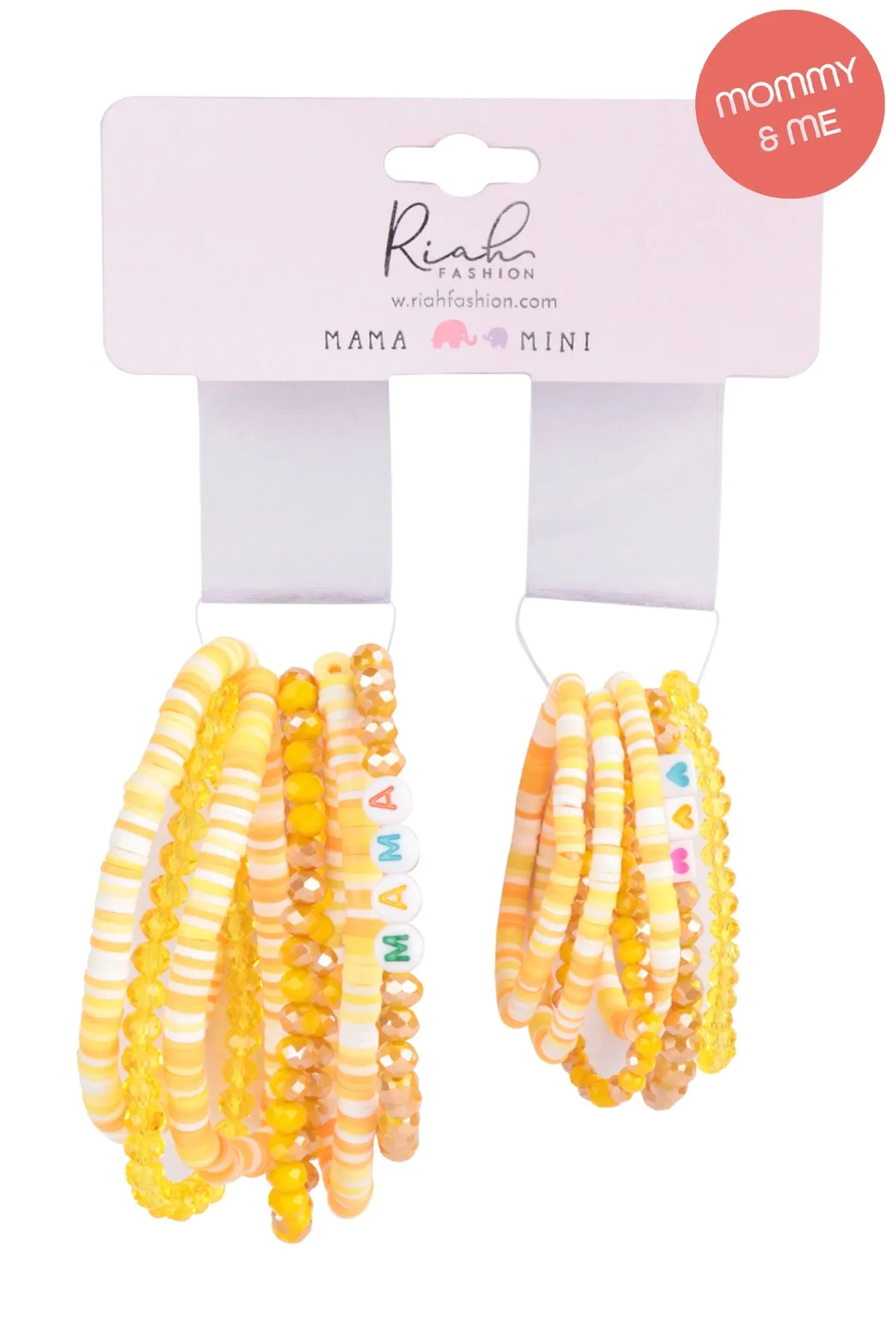 "MAMA" & "ME" FIMO Glass Beads Stackable Stretch Bracelet Set Yellow - Pack of 12