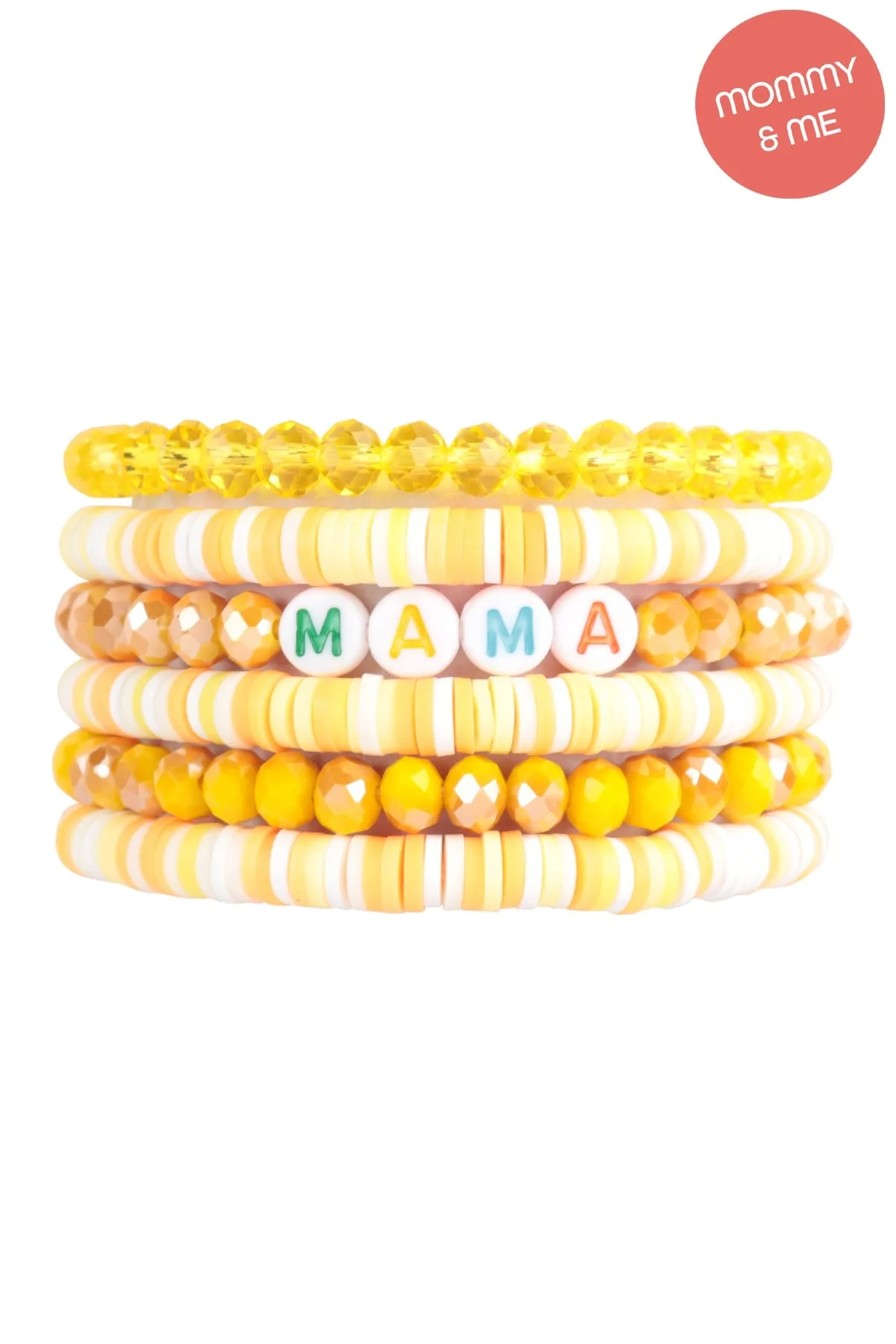 "MAMA" & "ME" FIMO Glass Beads Stackable Stretch Bracelet Set Yellow - Pack of 12