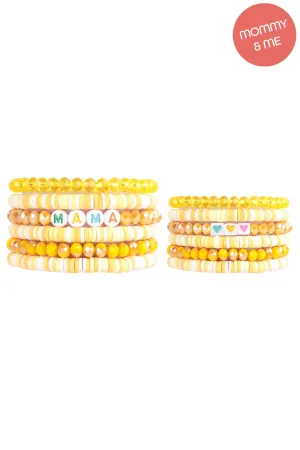 "MAMA" & "ME" FIMO Glass Beads Stackable Stretch Bracelet Set Yellow - Pack of 12