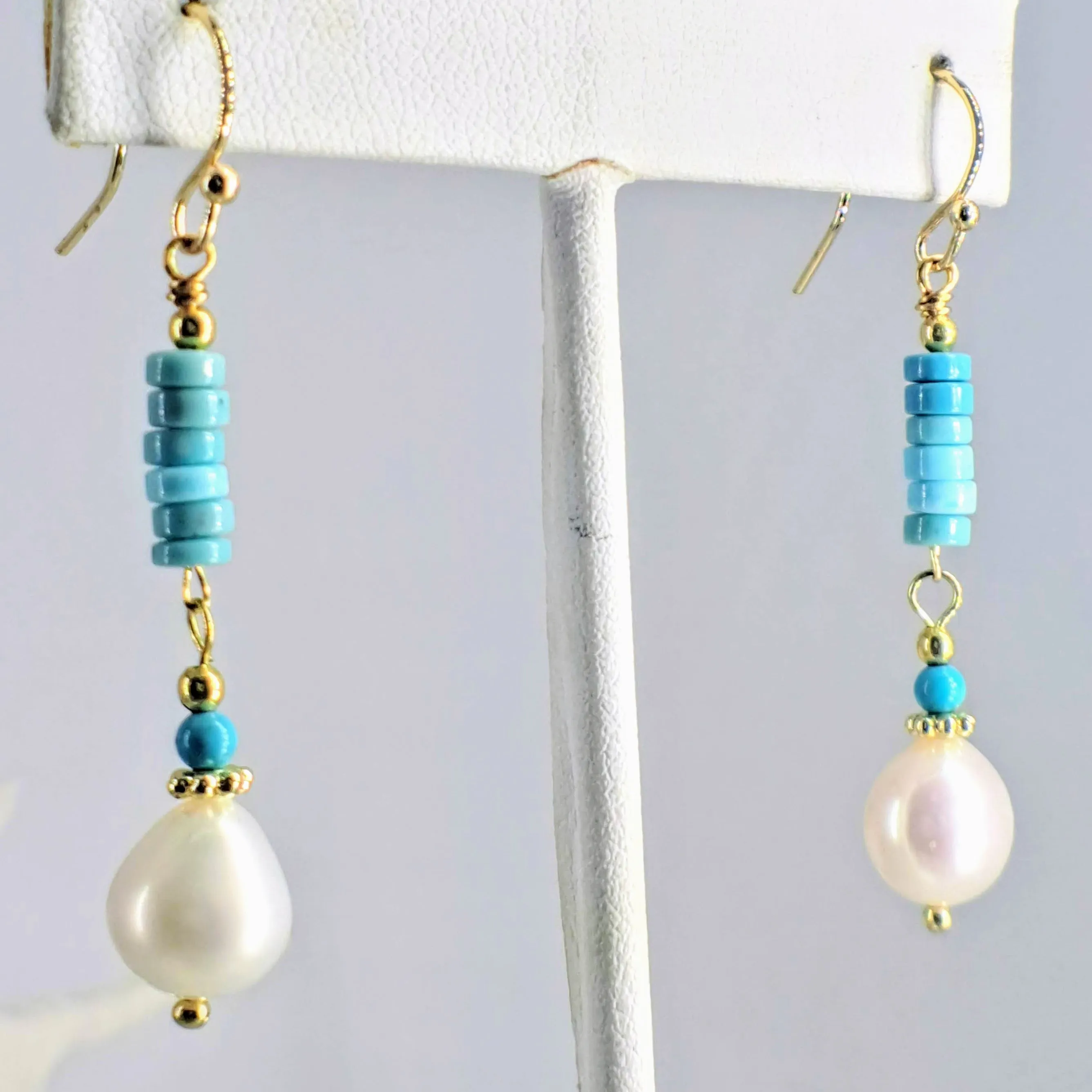 "Oceana" 2.25" Earrings - Larimar, Turquoise, Pearl, Gold Sterling