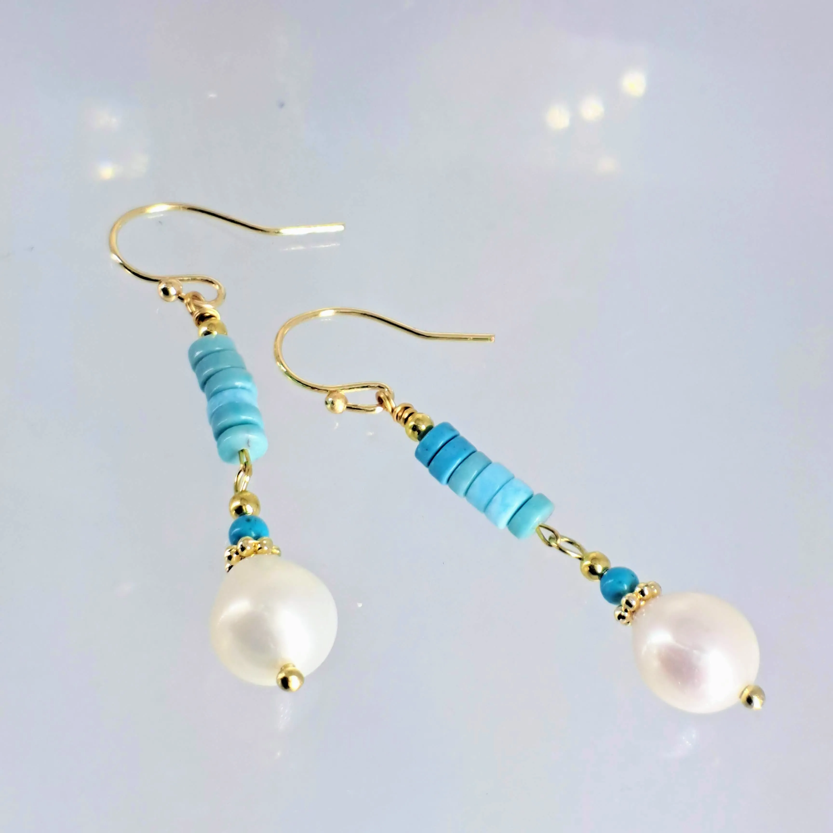 "Oceana" 2.25" Earrings - Larimar, Turquoise, Pearl, Gold Sterling