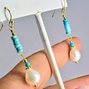 "Oceana" 2.25" Earrings - Larimar, Turquoise, Pearl, Gold Sterling