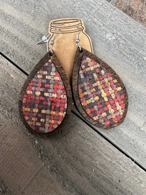 Rainbow Basetweave Cork and Wood Teardrop Earrings