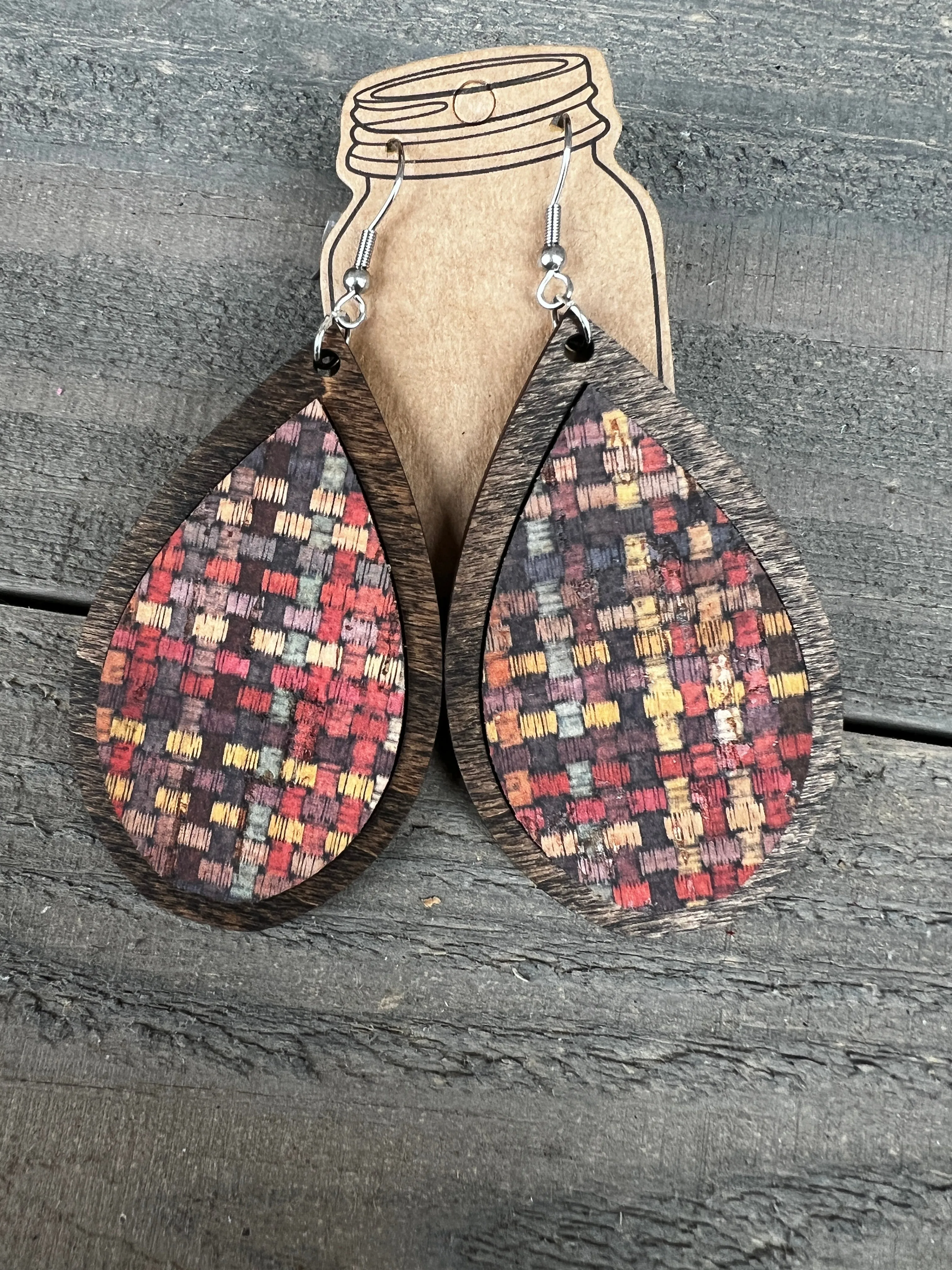 Rainbow Basetweave Cork and Wood Teardrop Earrings