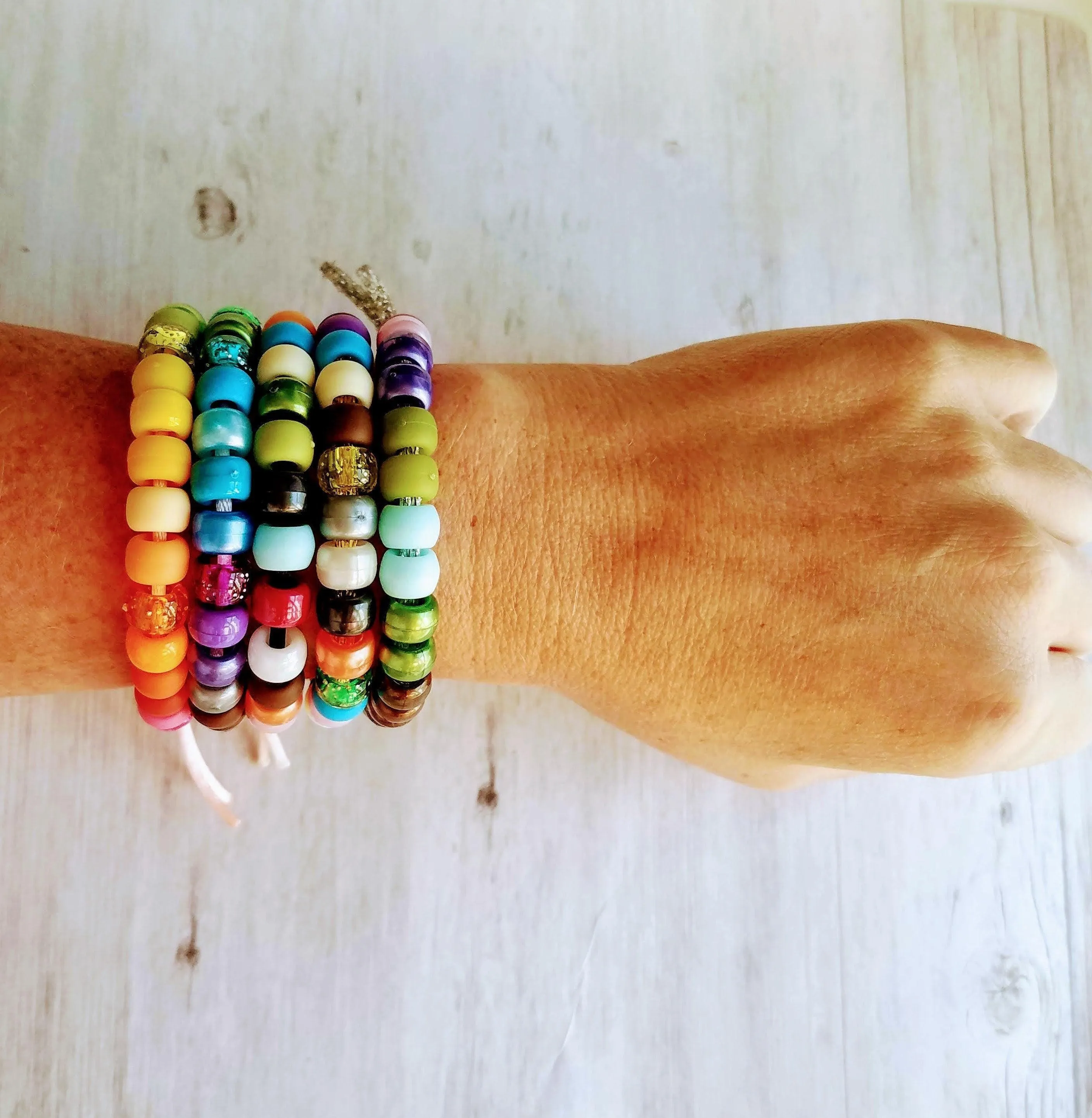 Rainbow Bead Bracelet, big bead bracelet, chunky beads, pony bead bracelet, faux glass roller beads, multicolor bracelet, tie on cord, large
