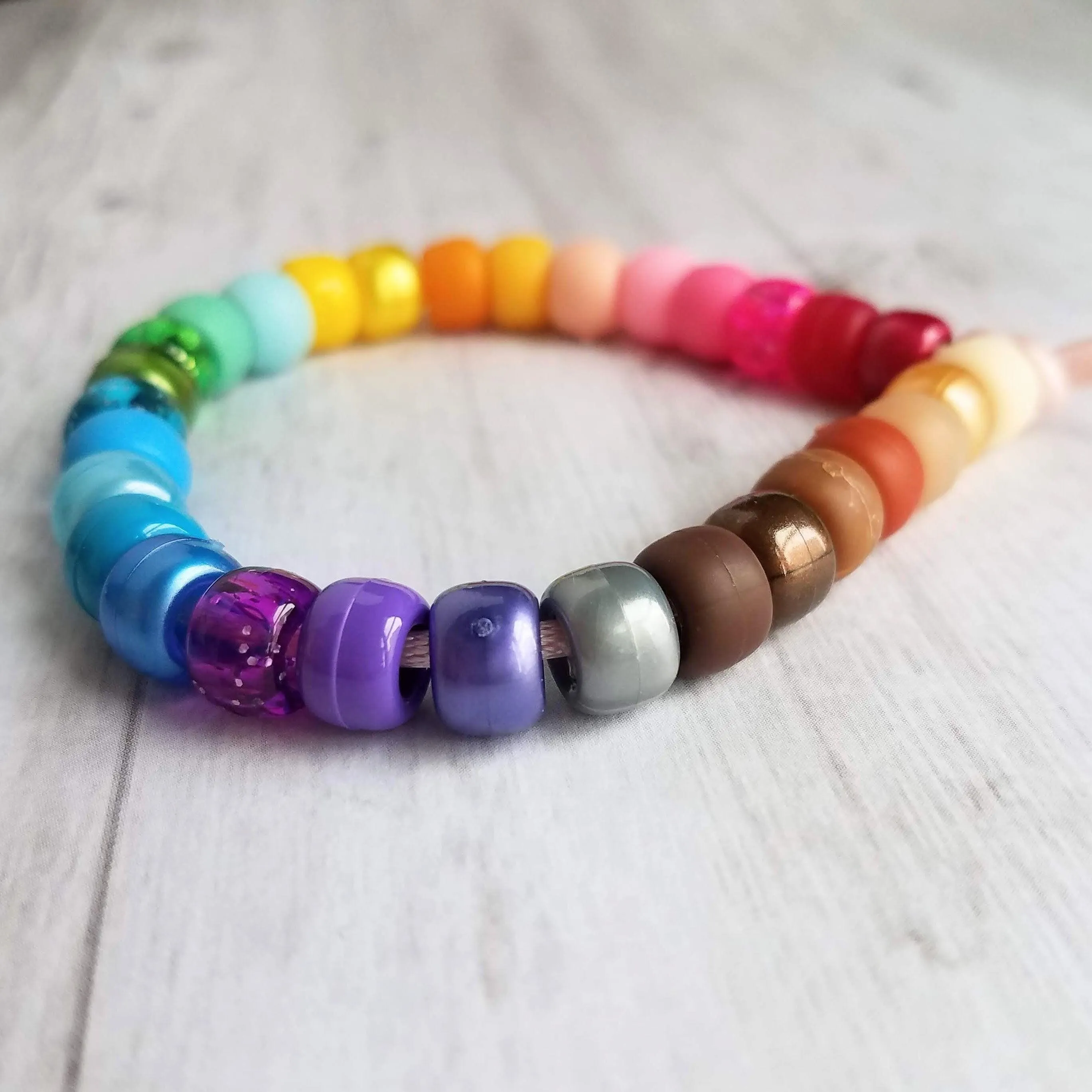 Rainbow Bead Bracelet, big bead bracelet, chunky beads, pony bead bracelet, faux glass roller beads, multicolor bracelet, tie on cord, large