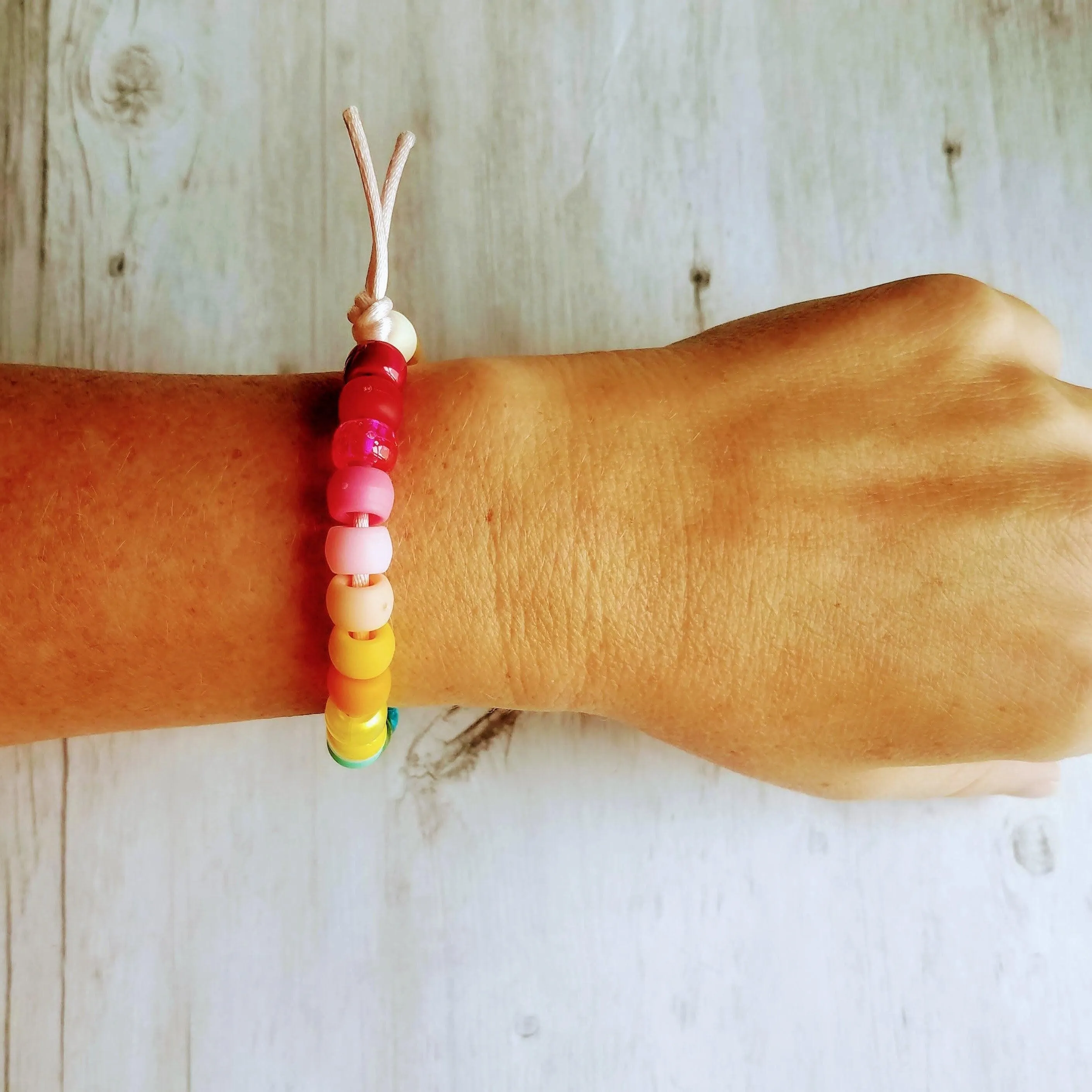 Rainbow Bead Bracelet, big bead bracelet, chunky beads, pony bead bracelet, faux glass roller beads, multicolor bracelet, tie on cord, large