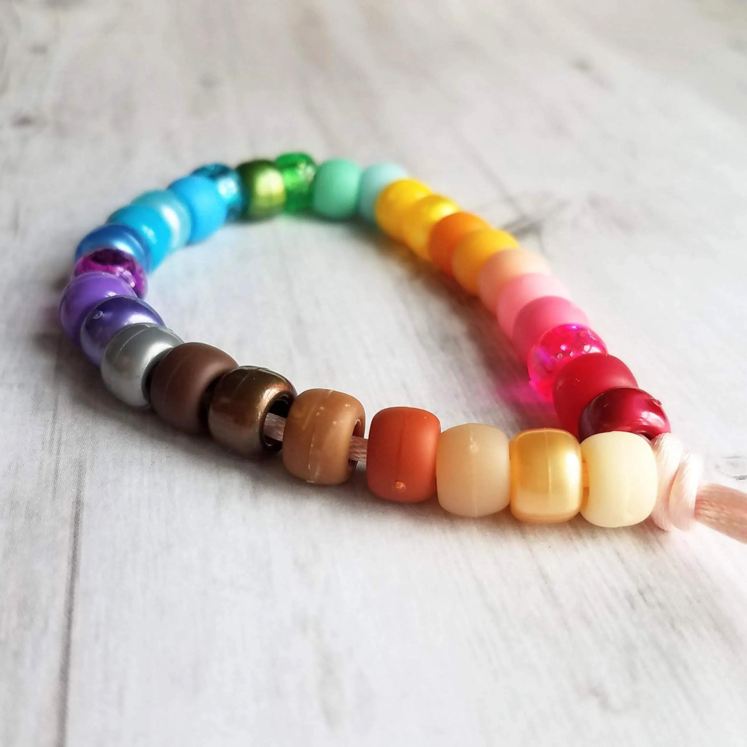 Rainbow Bead Bracelet, big bead bracelet, chunky beads, pony bead bracelet, faux glass roller beads, multicolor bracelet, tie on cord, large