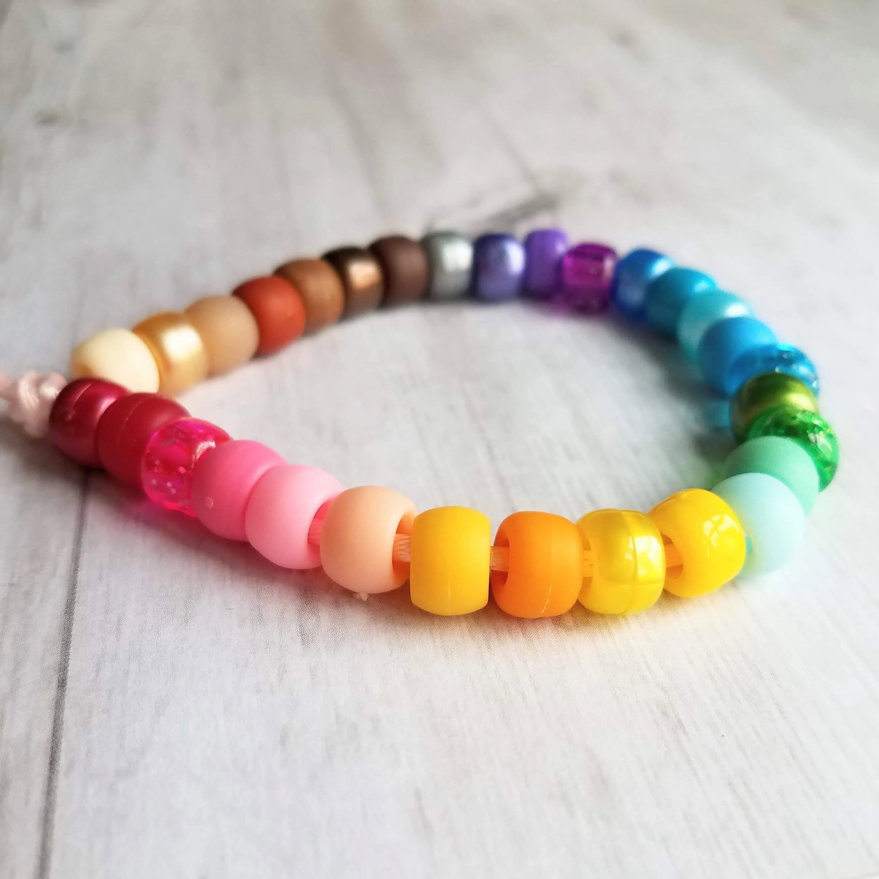 Rainbow Bead Bracelet, big bead bracelet, chunky beads, pony bead bracelet, faux glass roller beads, multicolor bracelet, tie on cord, large