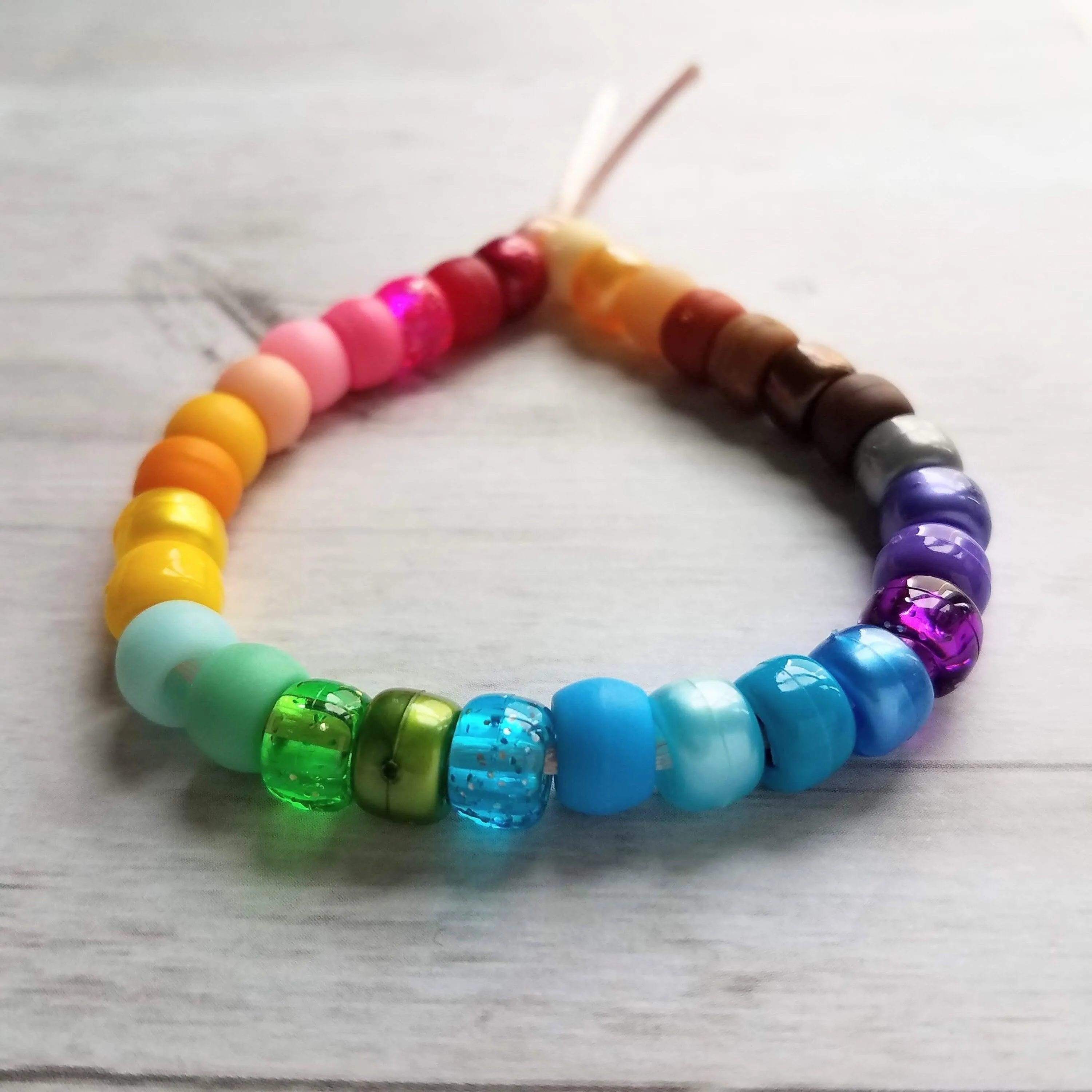 Rainbow Bead Bracelet, big bead bracelet, chunky beads, pony bead bracelet, faux glass roller beads, multicolor bracelet, tie on cord, large