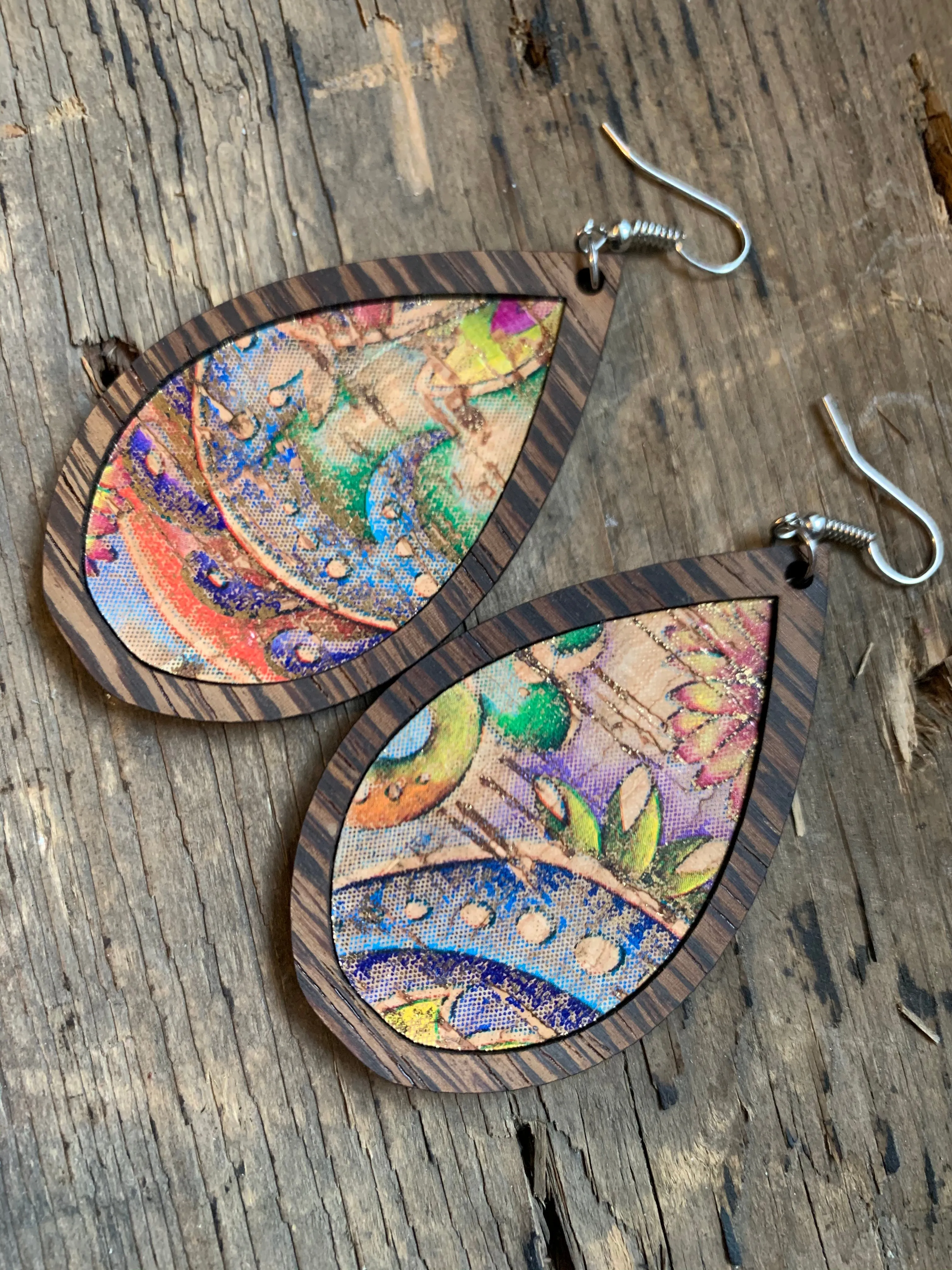 Rainbow Floral with Gold Cork Wood Teardrop Earrings