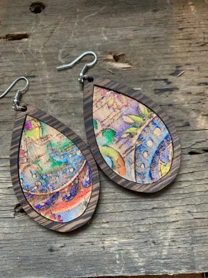 Rainbow Floral with Gold Cork Wood Teardrop Earrings
