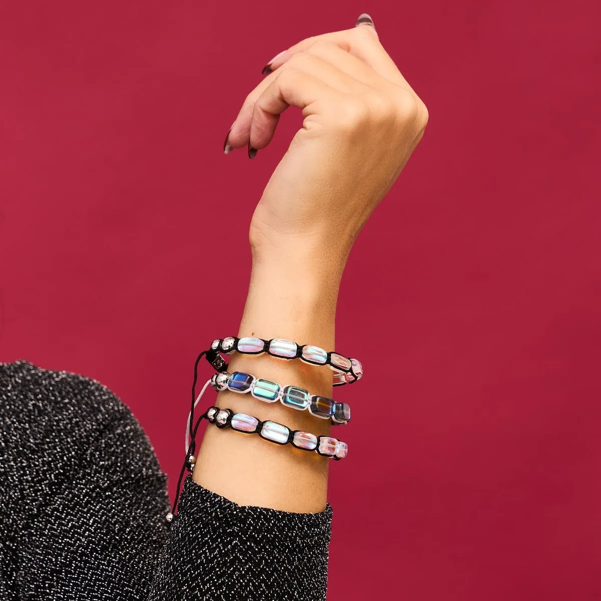Rainbow Supernova | Silver | Galaxy Glass Pebble Macrame Bracelet