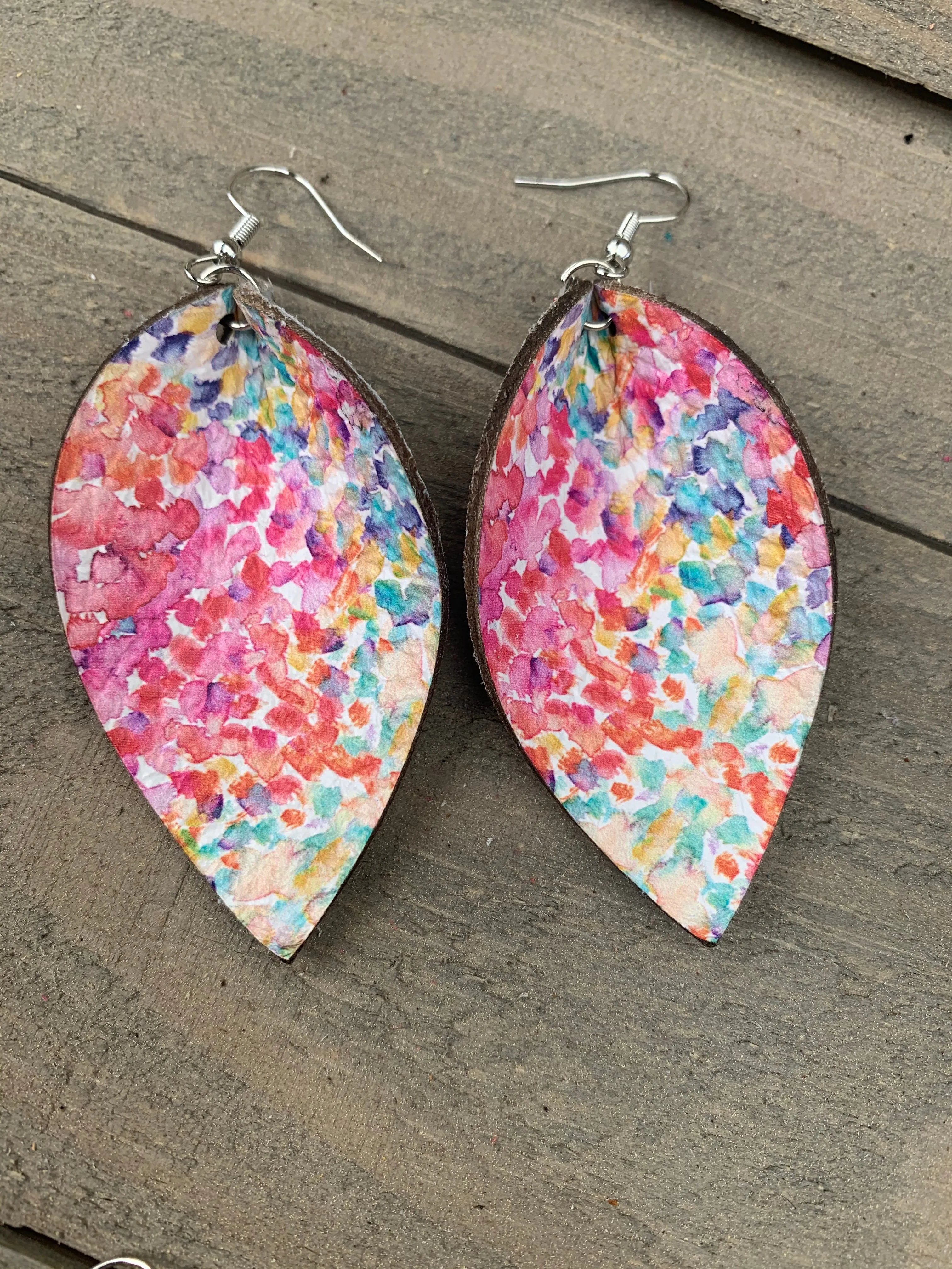 Rainbow Watercolor Floral Leather Earrings