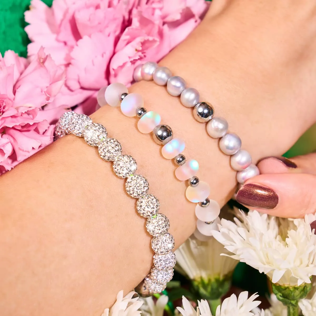 Rainbow White | Silver | Mermaid Glass Macaron Bracelet