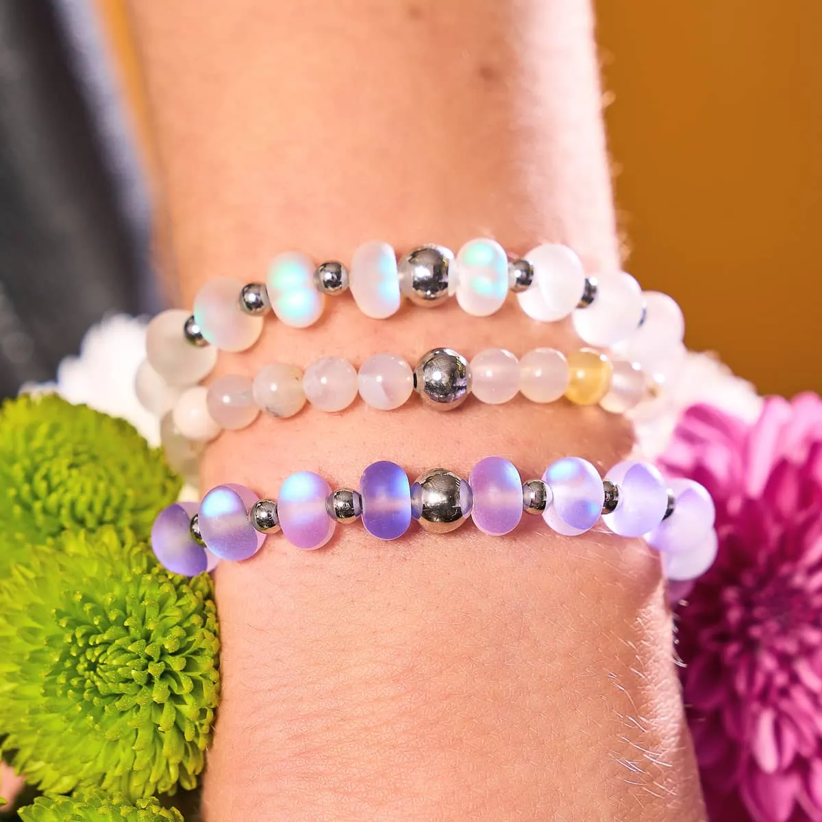 Rainbow White | Silver | Mermaid Glass Macaron Bracelet