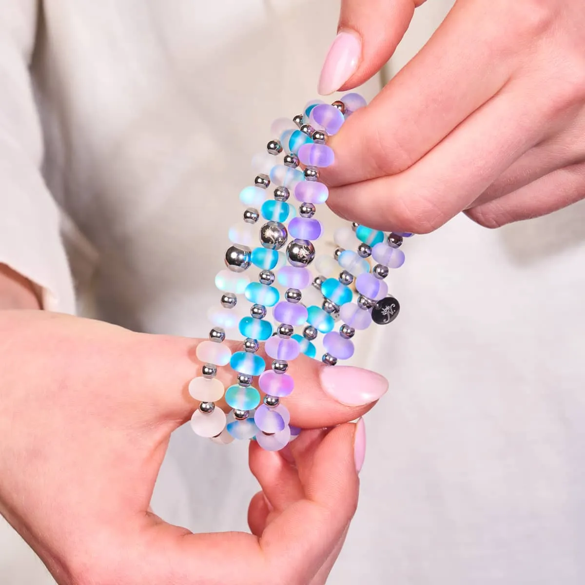 Rainbow White | Silver | Mermaid Glass Macaron Bracelet