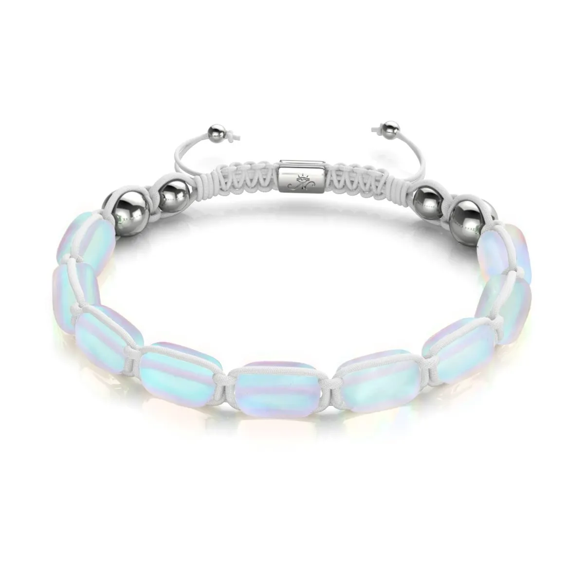 Rainbow White | Silver | Mermaid Glass Pebble Macrame Bracelet