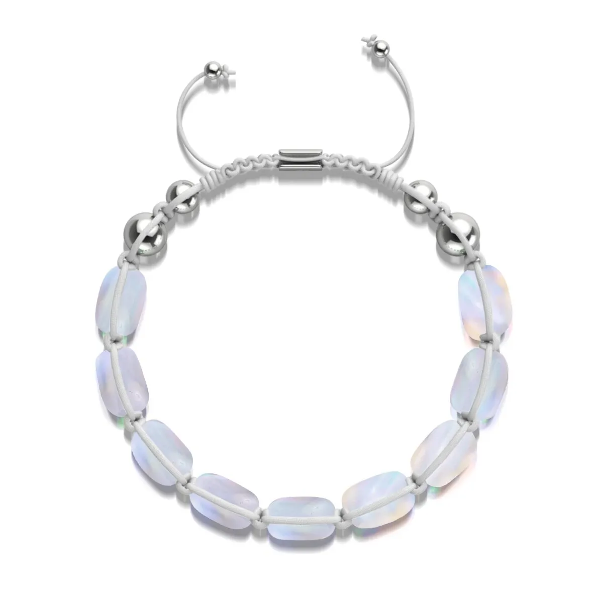 Rainbow White | Silver | Mermaid Glass Pebble Macrame Bracelet