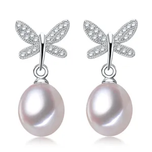 Real Freshwater pearl earrings women,natural pearl earring 925 silver wedding fine jewelry birthday best gift white butterfly