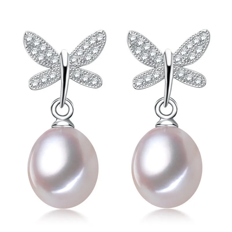 Real Freshwater pearl earrings women,natural pearl earring 925 silver wedding fine jewelry birthday best gift white butterfly