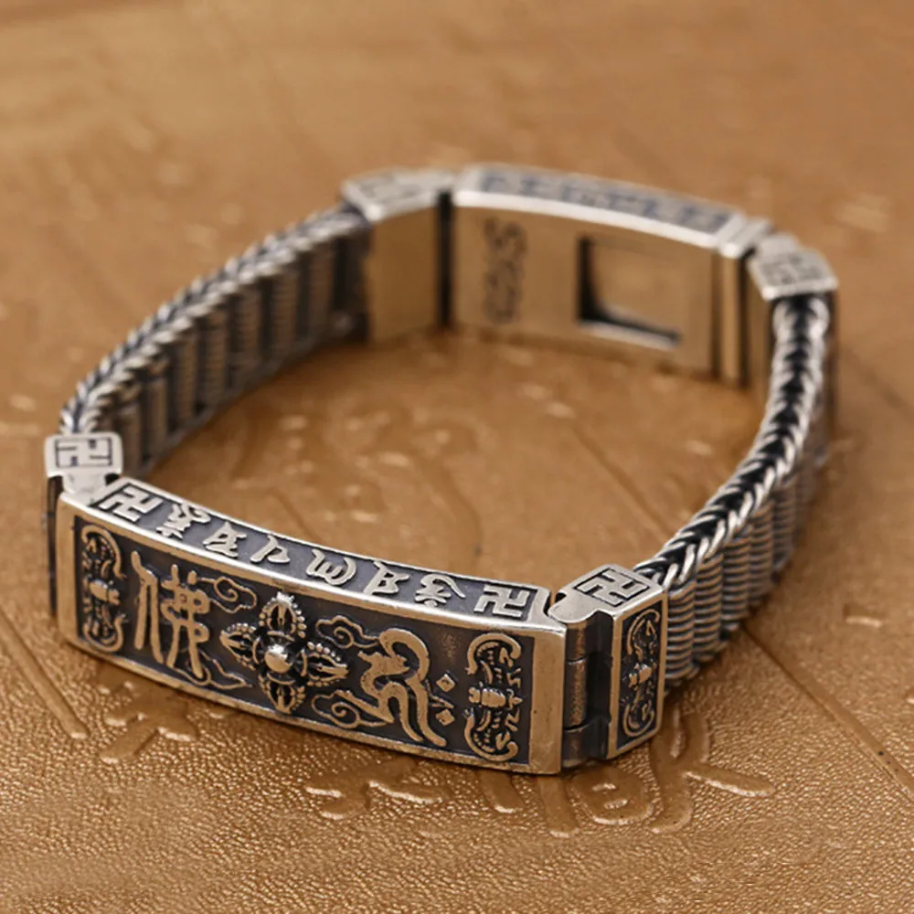 Real Solid 925 Sterling Silver Bracelets Vajra Braided Buddhism Religions Jewelry 7.9"