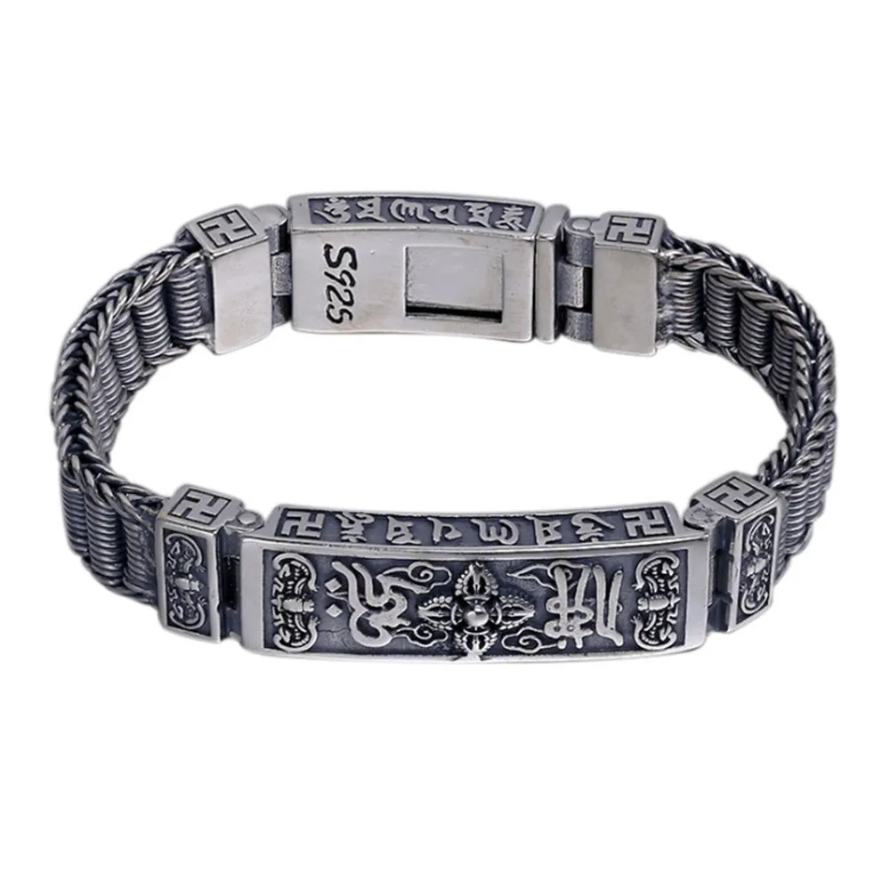Real Solid 925 Sterling Silver Bracelets Vajra Braided Buddhism Religions Jewelry 7.9"