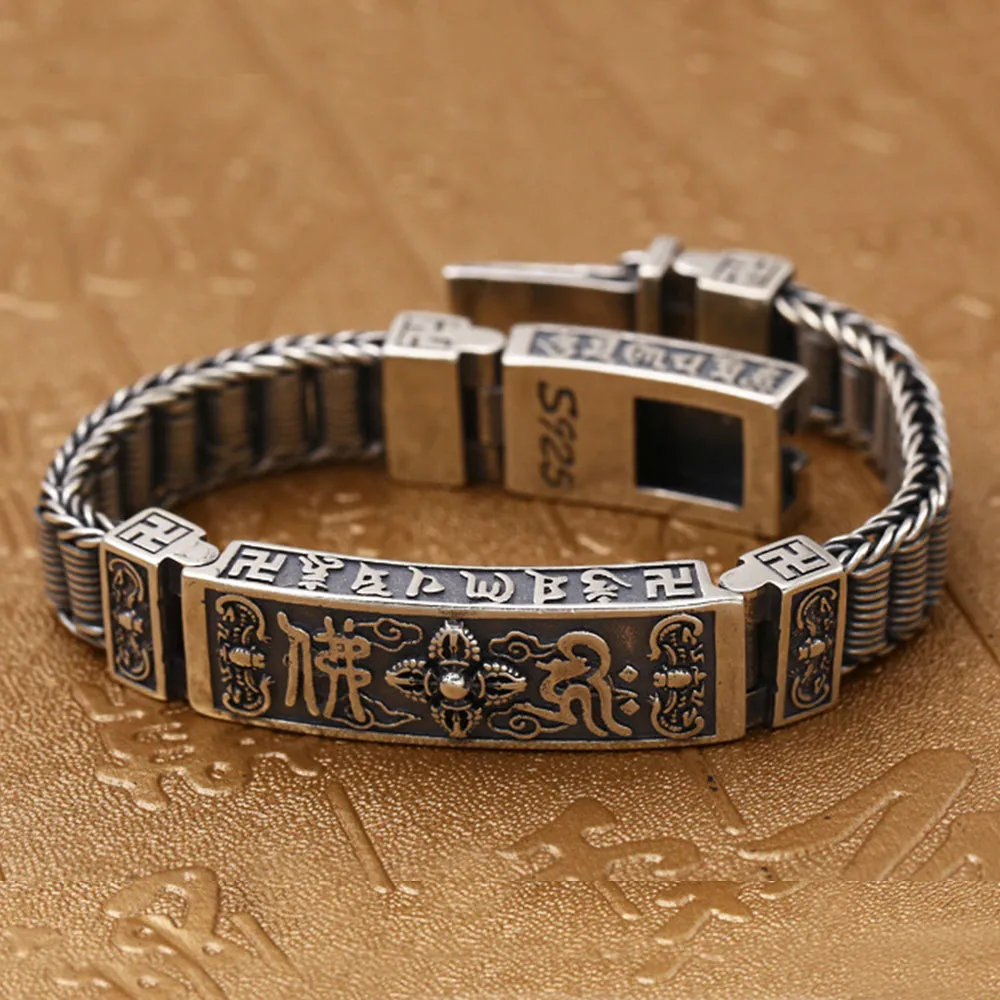 Real Solid 925 Sterling Silver Bracelets Vajra Braided Buddhism Religions Jewelry 7.9"