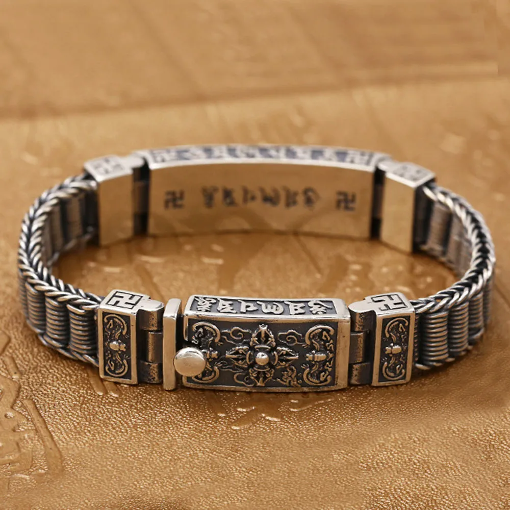 Real Solid 925 Sterling Silver Bracelets Vajra Braided Buddhism Religions Jewelry 7.9"