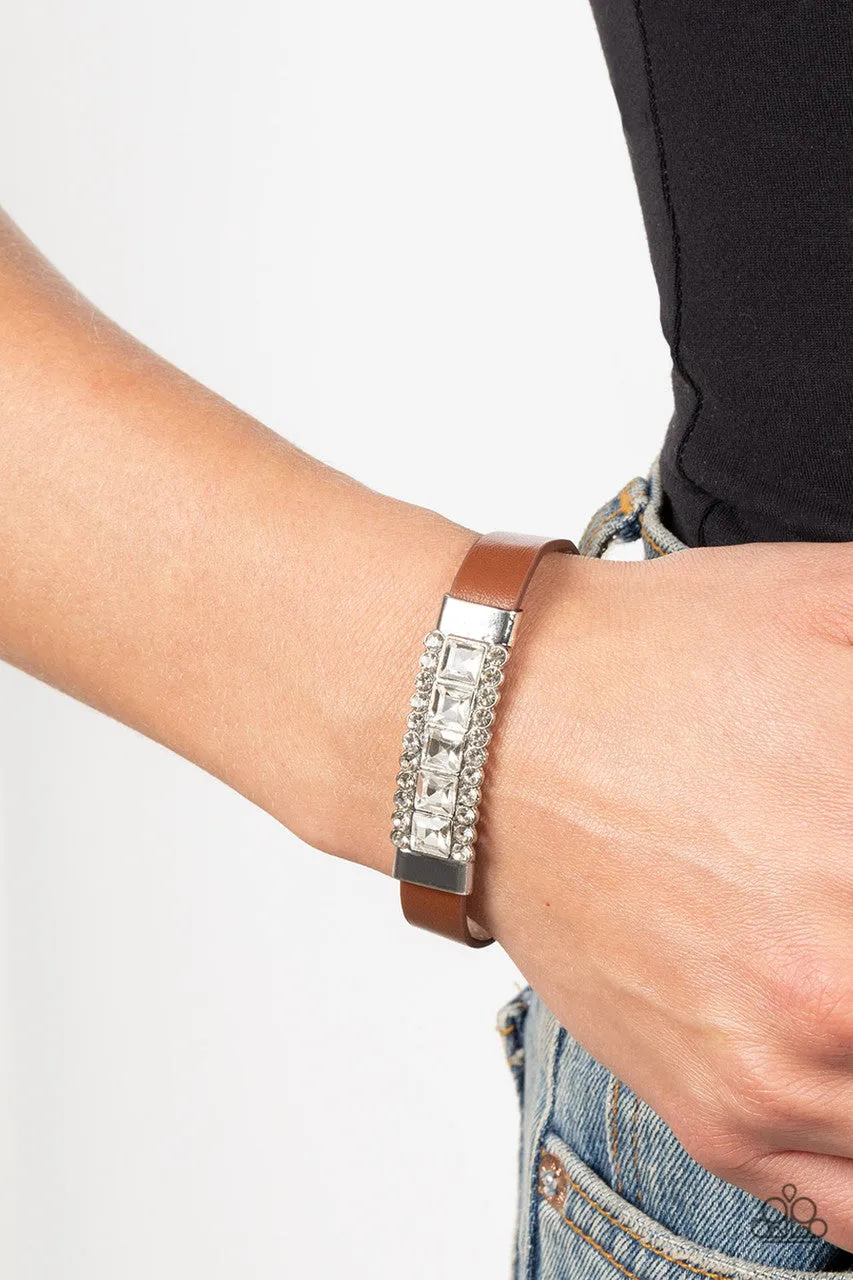 Rebel Reputation - Brown - Leather Band White Rhinestone Frame Paparazzi Wrap Urban Bracelet