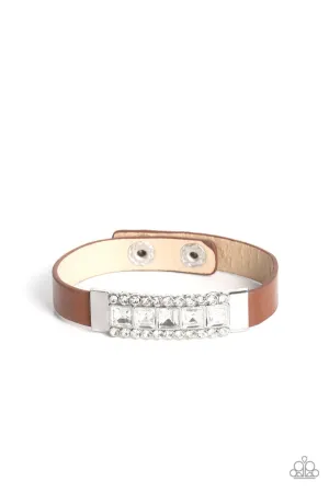 Rebel Reputation - Brown - Leather Band White Rhinestone Frame Paparazzi Wrap Urban Bracelet
