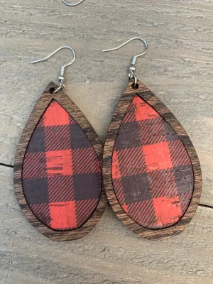 Red Buffalo Plaid Leather and Wood Teardrop Earrings