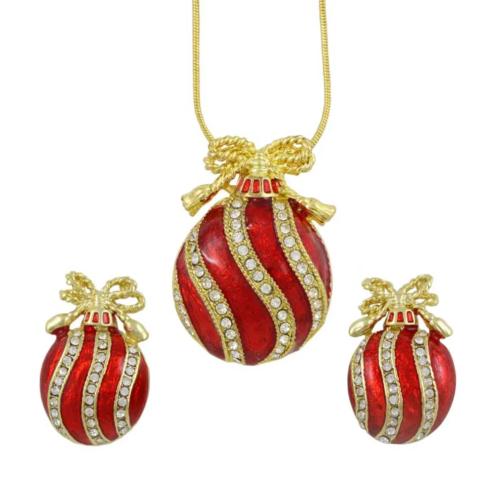 Red Christmas Ornament Necklace and Clip Earring Set - XP348NBC