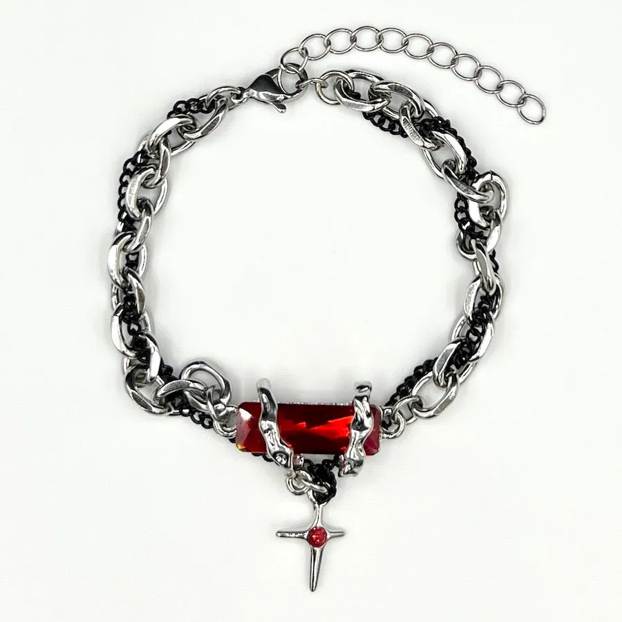 Red Crystal & Chain Bracelet - Silver