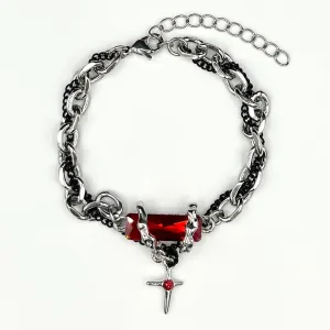 Red Crystal & Chain Bracelet - Silver
