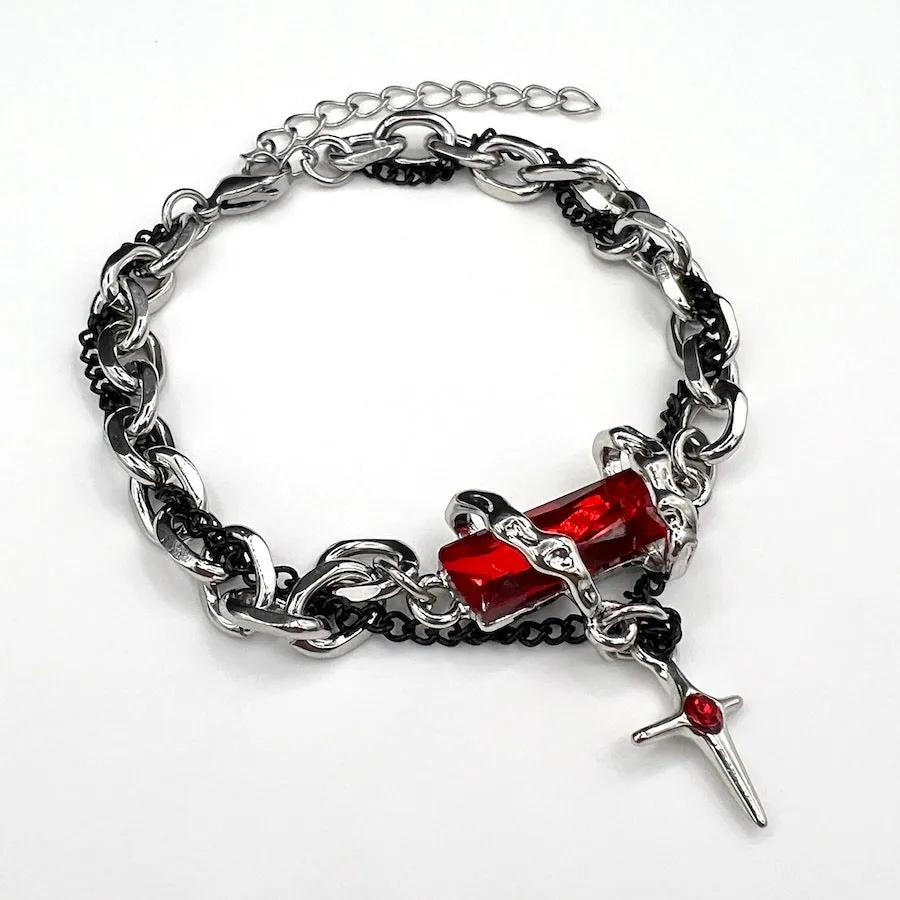 Red Crystal & Chain Bracelet - Silver