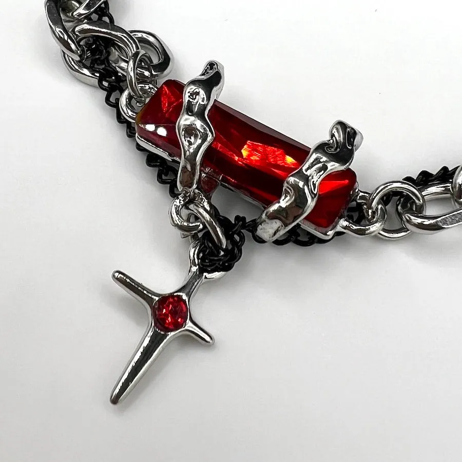 Red Crystal & Chain Bracelet - Silver