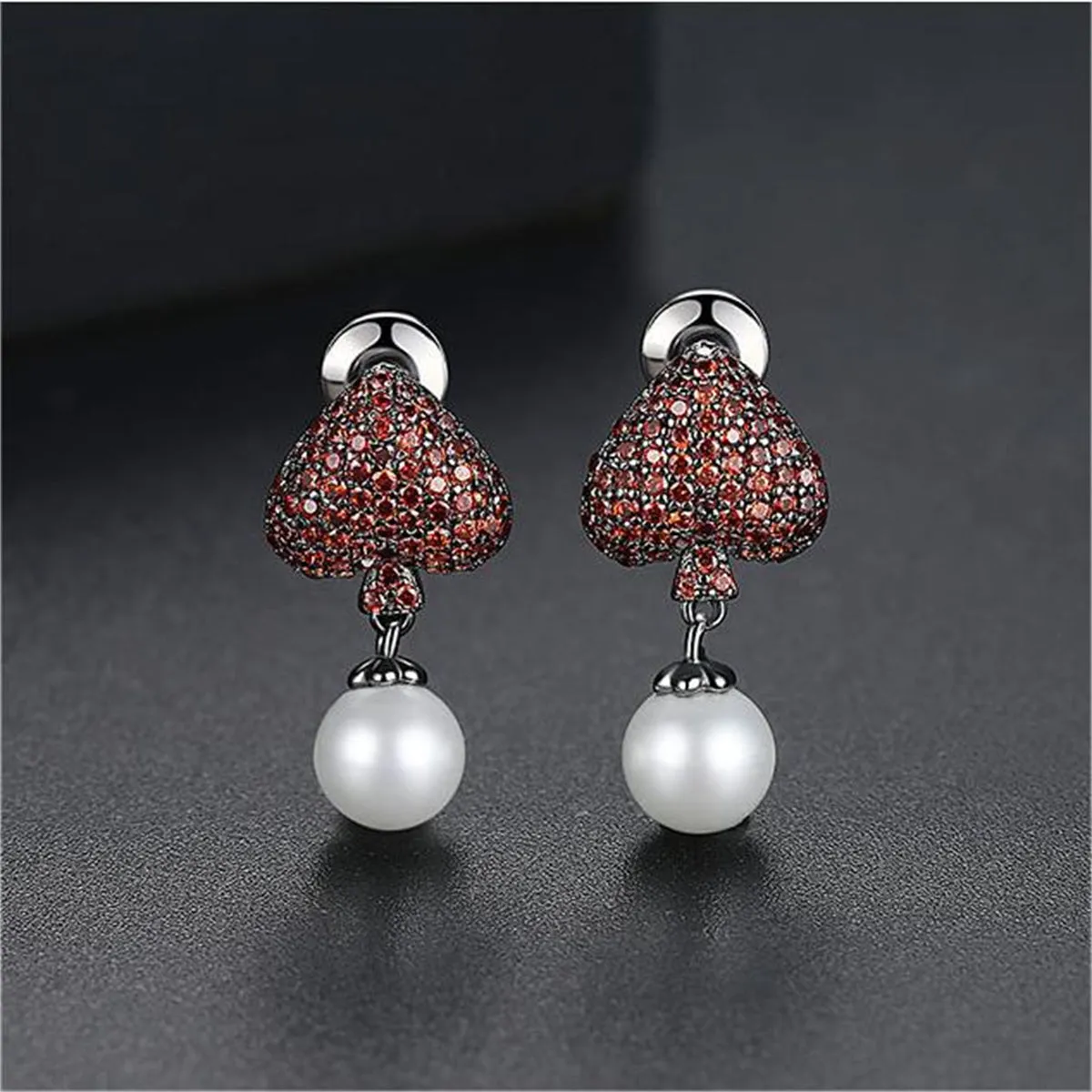 Red Cubic Zirconia & Pearl Inverted Heart Drop Earrings