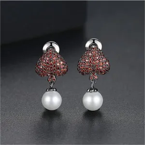 Red Cubic Zirconia & Pearl Inverted Heart Drop Earrings