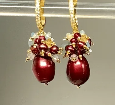 Red Pearl and Gemstone Cluster Earrings, Gold, Christmas Earrings