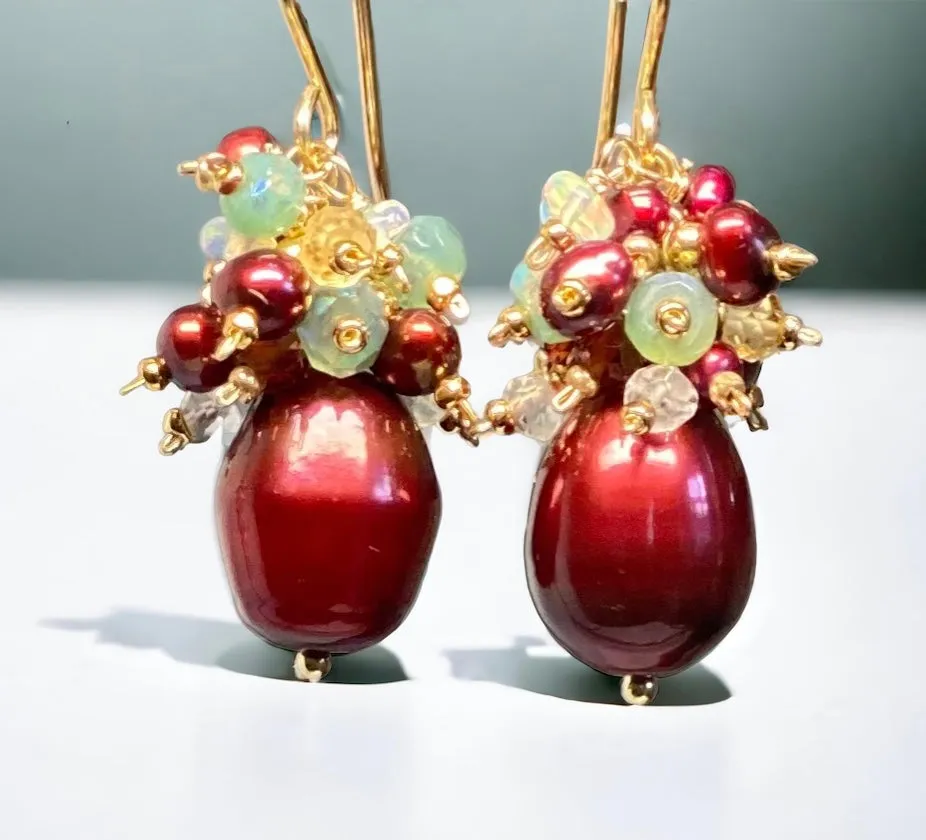 Red Pearl and Gemstone Cluster Earrings, Gold, Christmas Earrings